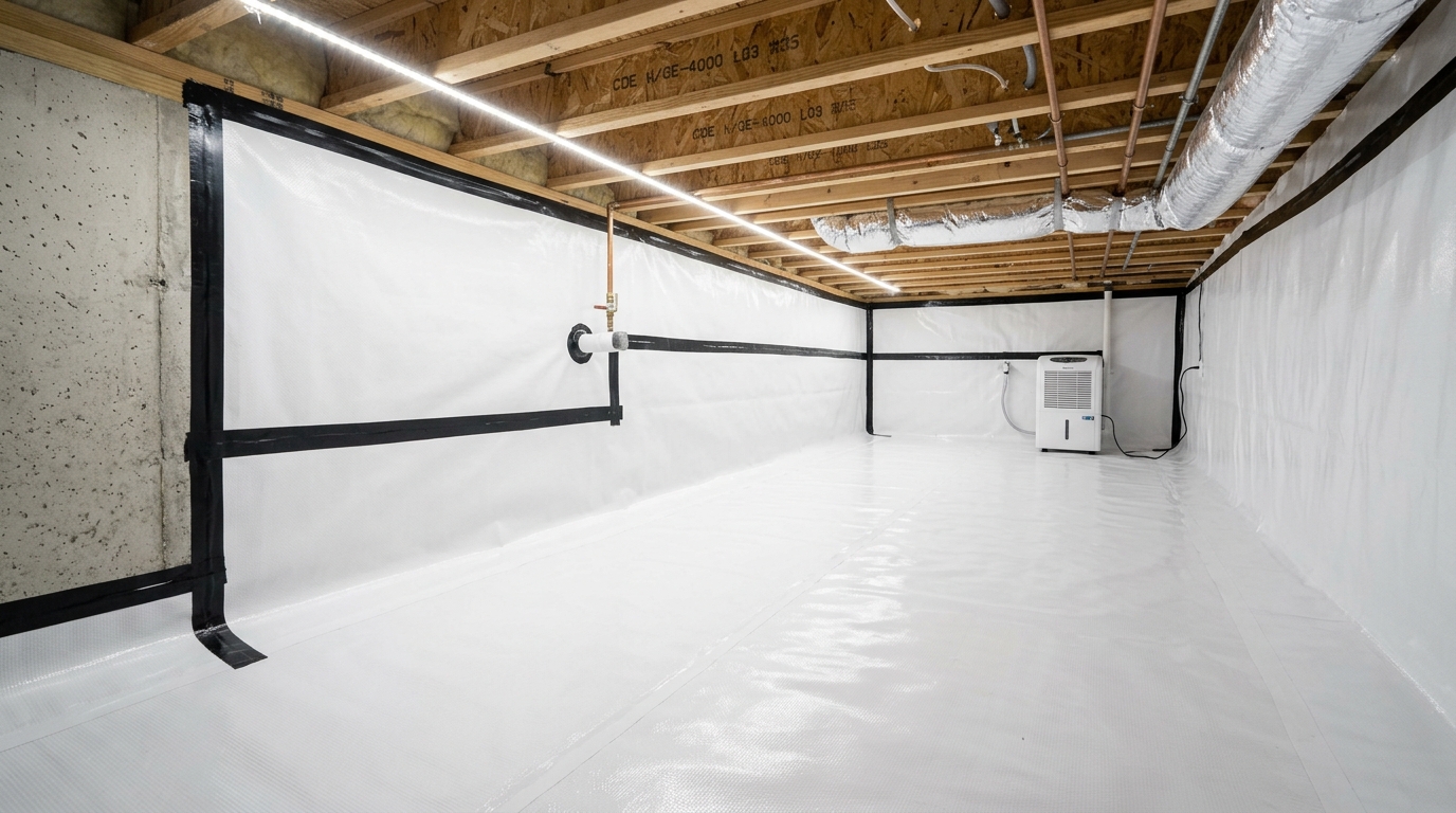 Bright white encapsulated crawlspace with thick vapor barrier
