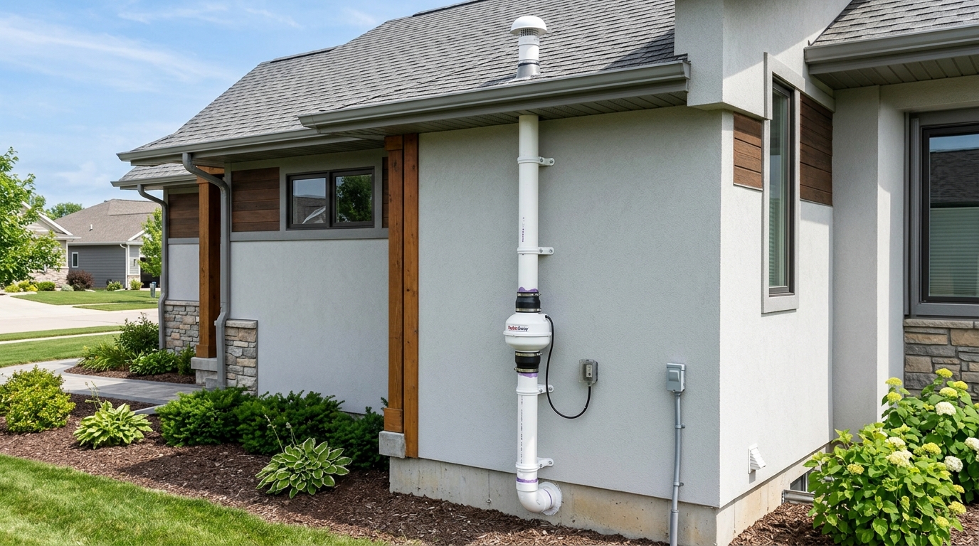 Clean exterior radon fan installation on a modern home
