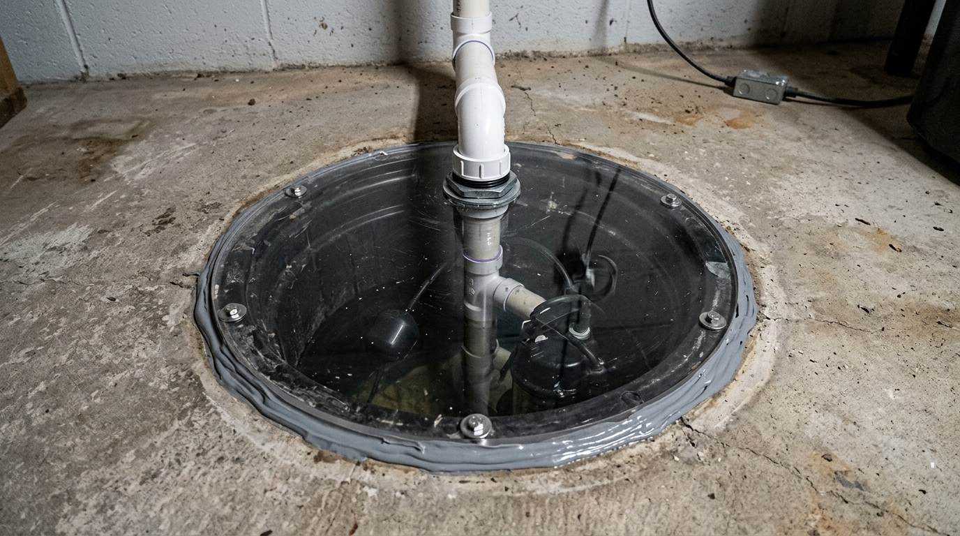 Professionally sealed clear sump pump lid with PVC pipe